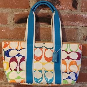 Coach Multicolor Signature Circle Print Canvas Tote with Blue Straps